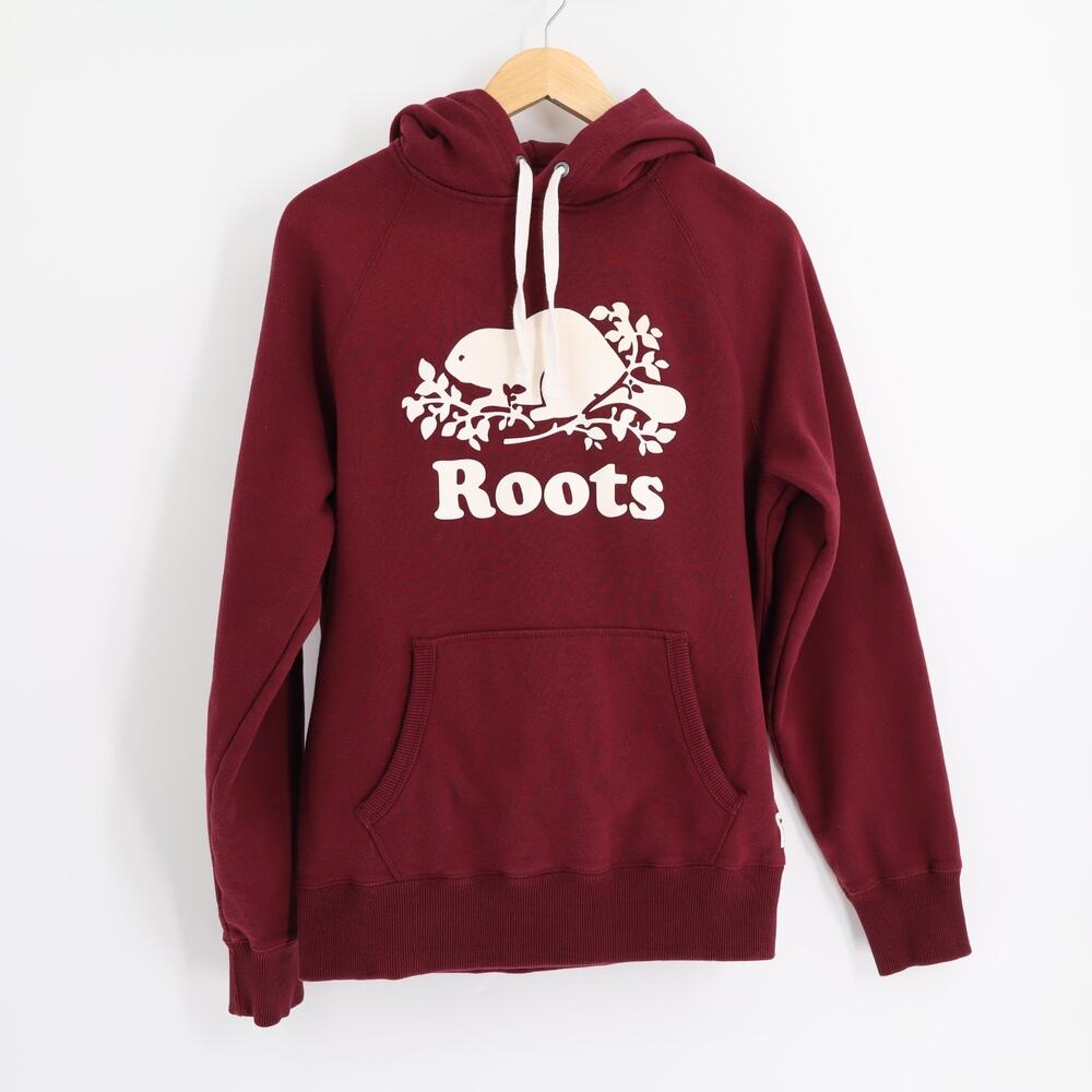 Roots Sz S Burgundy Sweatshirt Kanga Hoodie Beaver Logo Pullover Granola Fleece
